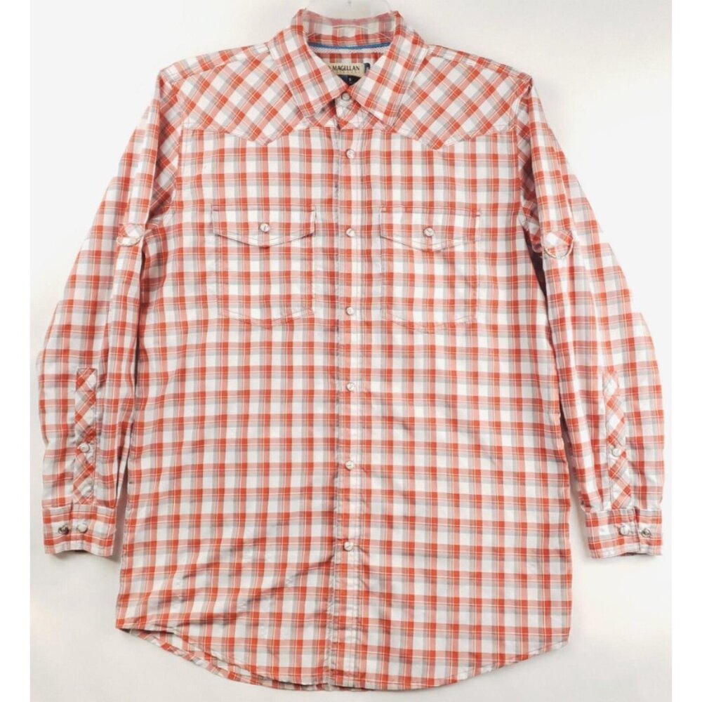 Magellan Shirt Mens S Orange White Plaid Fish Gear Loose Fit Mag Wick Pearl Snap